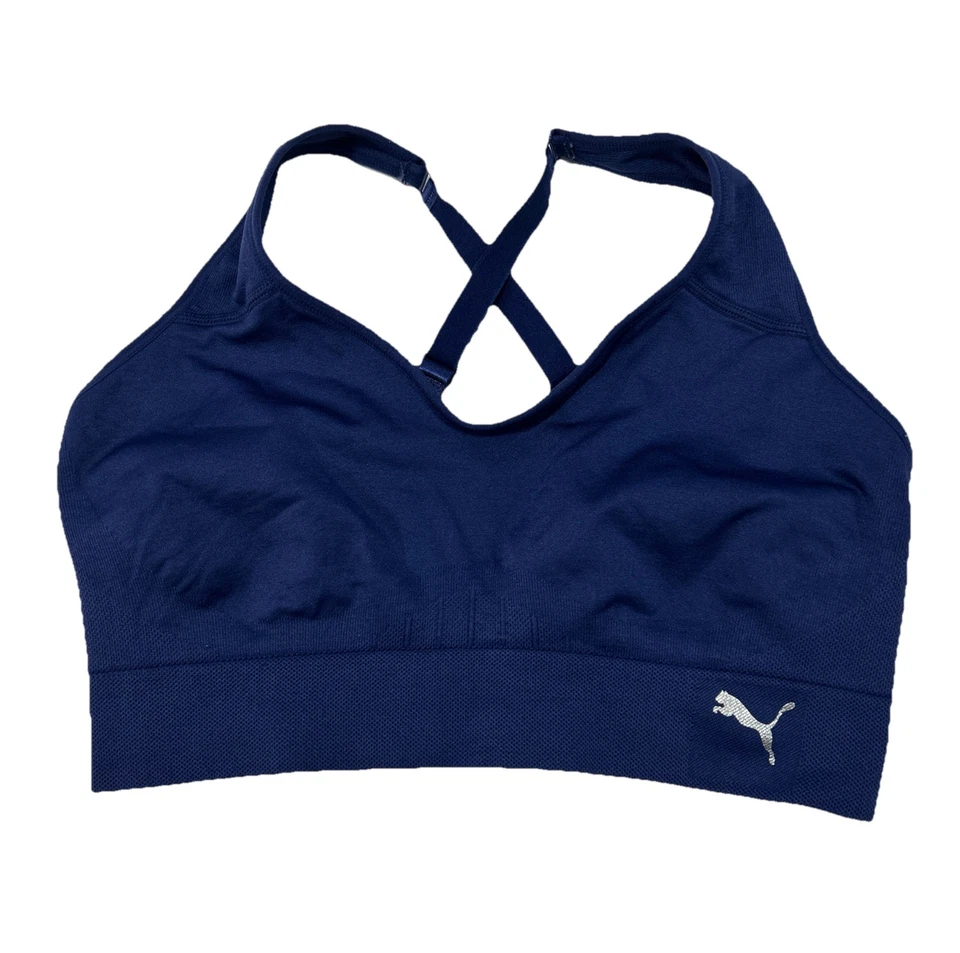Sujetador deportivo Puma para mujer grande atlético azul Top gimnasio correr acolchado ajustable Foto 3 de 4