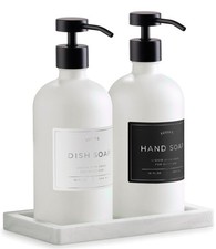 Glass Soap Dispenser Set of 2 White with Silicone Tray  Hand and Dish Soap...
