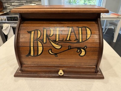 Vintage Wooden Roll Top Bread Box Rustic Country Kitchen Brown Wood 1970s 1980s
