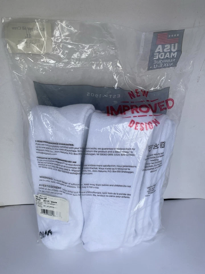Meias Wigwam KS S60 White Crew tubo pacote com 6 2XL sapato masculino tamanho 15-17 lacrado - Imagem 2 de 4