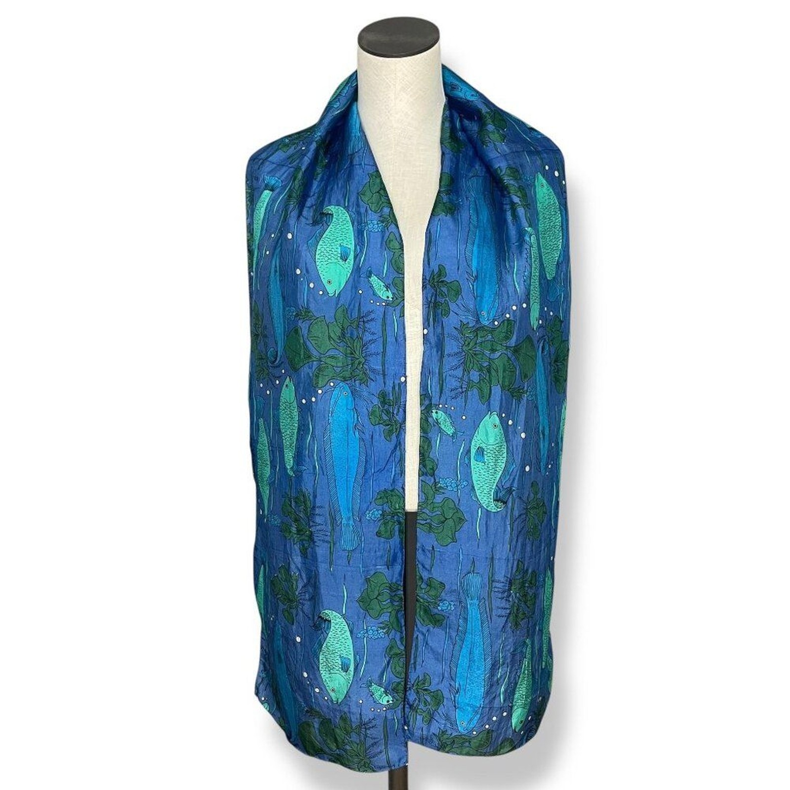 Fish Scarf Rectangular Long Blue Green Eclectic A… - image 1