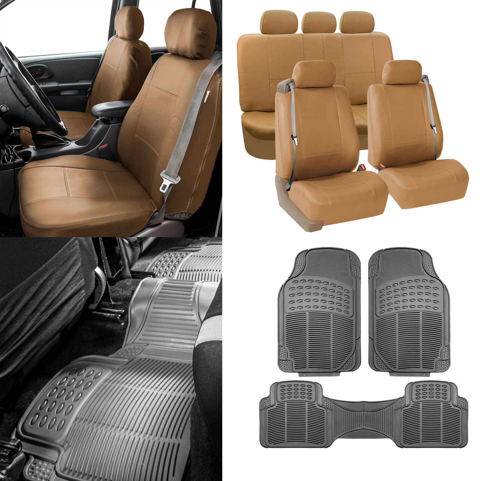 Tan Integrated Seatbelt Seat Covers for Truck SUV w/ Gray Floor Mats