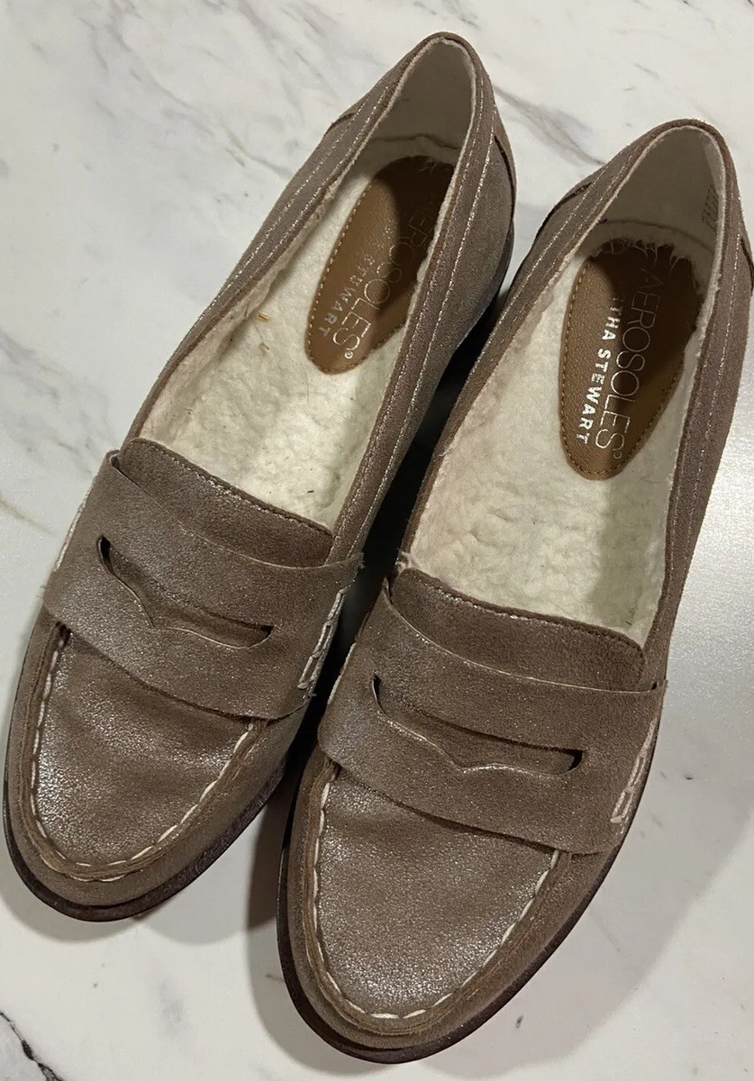 Aerosoles Sz Women's Frances Silvery Brown Penny Loafers with Fur Inside!  EUC