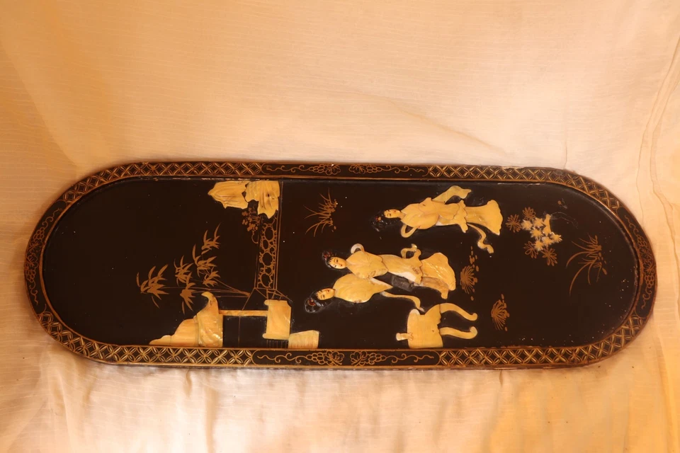 Винтажная азиатская китайская восточная черная лакированная и перламутровая настенная художественная панель - Изображение 3 из 4