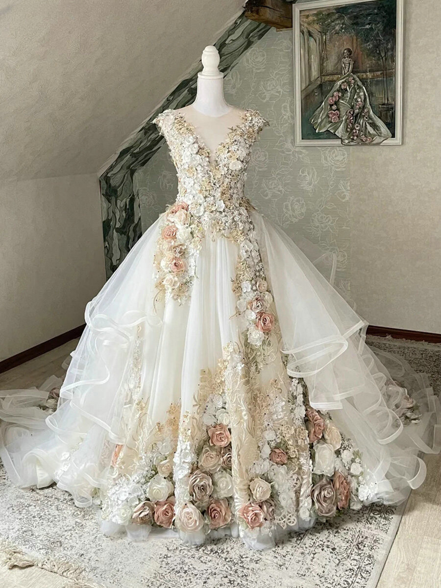 Indian Bride Lacha New Dress Flowers Wedding Dresses Ruffles A-Line  Appliques Lace Country Boho Bridal