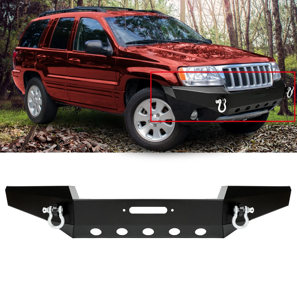 For 99-04 Jeep Grand Cherokee WJ Steel Black Front Bumper w/ D-Rings Winch  Plate