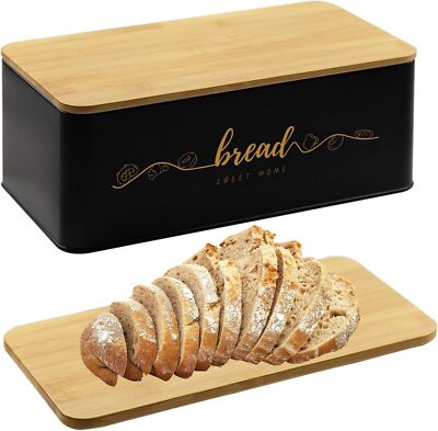 Bread Box with Bamboo Cutting Board Lid, Metal Bread Box for Kitchen Counter, Sm