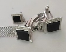 Silver w/ Black Square Onyx Cuff Links  Tie Tac  Tie Bar