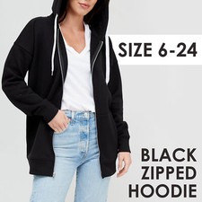 Ladies Black Longline Zipped Hoodie Hooded Sweatshirt 6 8 10 12 14 16 20 22 24