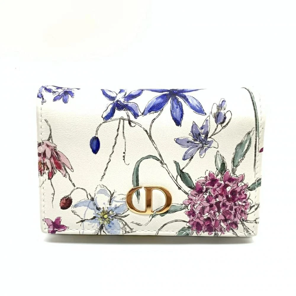 Portefeuille porte monnaie Christian Dior imprimé floral Caro XS cuir blanc authentique