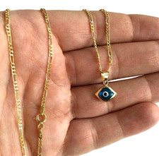 14K Solid Gold Blue Evil Eye Pendant Necklace-12mm Eye- 18" Figaro Chain- 2.2gr
