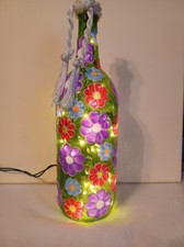 Flowers Bottle Lamp Bottle Light Handpainted Stained Glass look Lighted