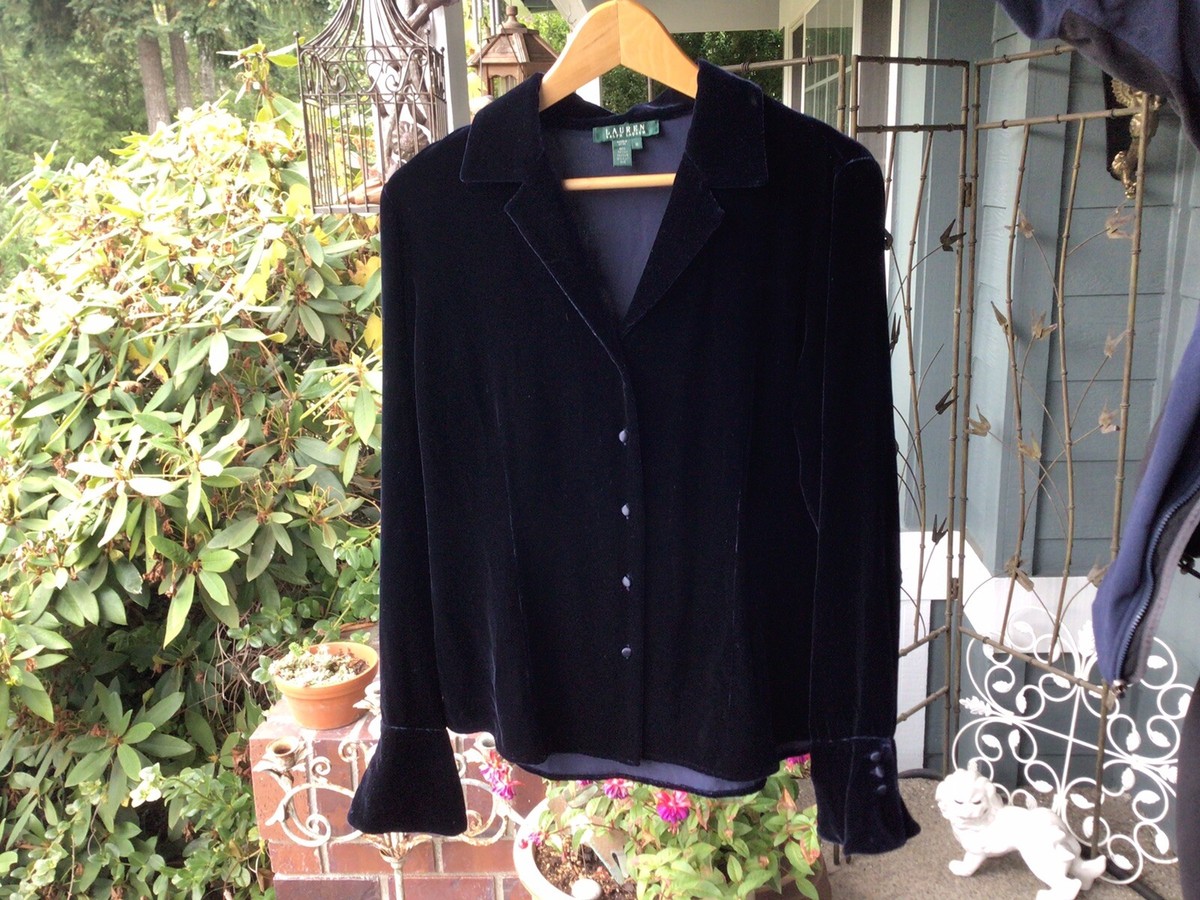 Vintage Polo Ralph Lauren Black Blue Velvet Bell Cuff Top Shirt 