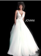 BNWT Jovani 55634 Sheer Floral Appliques Junior Prom V-Neck Ballgown White/Blue
