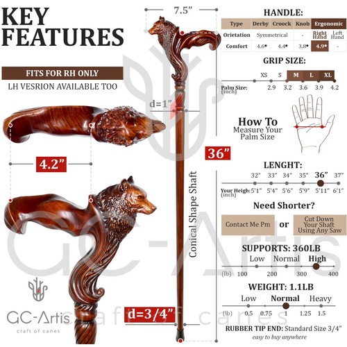 Wolf Cane Wooden Walking Stick, Ergonomic Comfortable Accessory Best Gift Idea - Picture 5 of 23