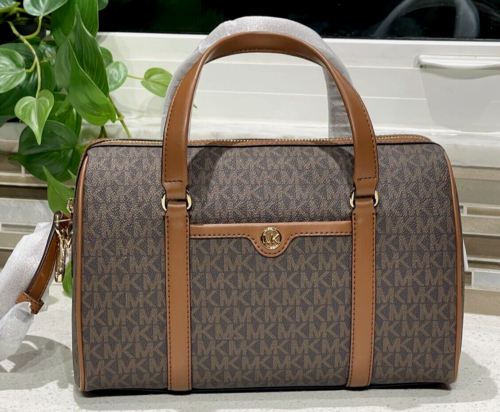 MICHAEL KORS TRAVEL MEDIUM DUFFLE SATCHEL BAG SHOULDER CROSSBODY MK BROWN LOGO
