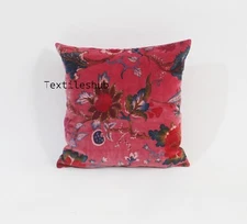 Red GurleenFloral Velvet Cushion Cover Pillow Throw Ethnic Indian Handmade Cover