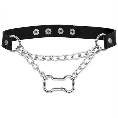 Women's Adjustable PU Leather Gothic O-Ring Bone Slide Chain Necklace Choker