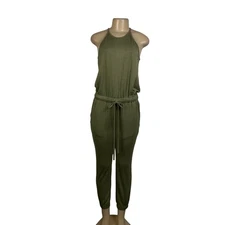 Loft Womens Olive Green Knit Halter Jumpsuit Tie Waist Keyhole Back XS