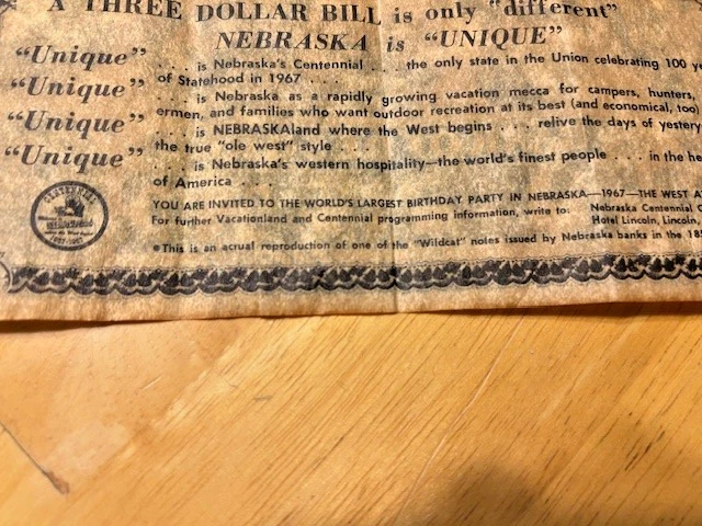 Vintage/1967/De Soto, Nebraska/THREE DOLLAR BILL/Reproduction/Used Good - Image 4 of 4
