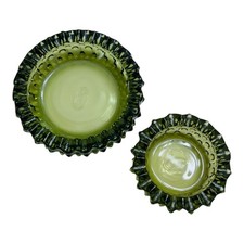Vintage 2 Colonial Green Glass Round Nesting Ashtrays Hobnail Fenton MCM 1970s