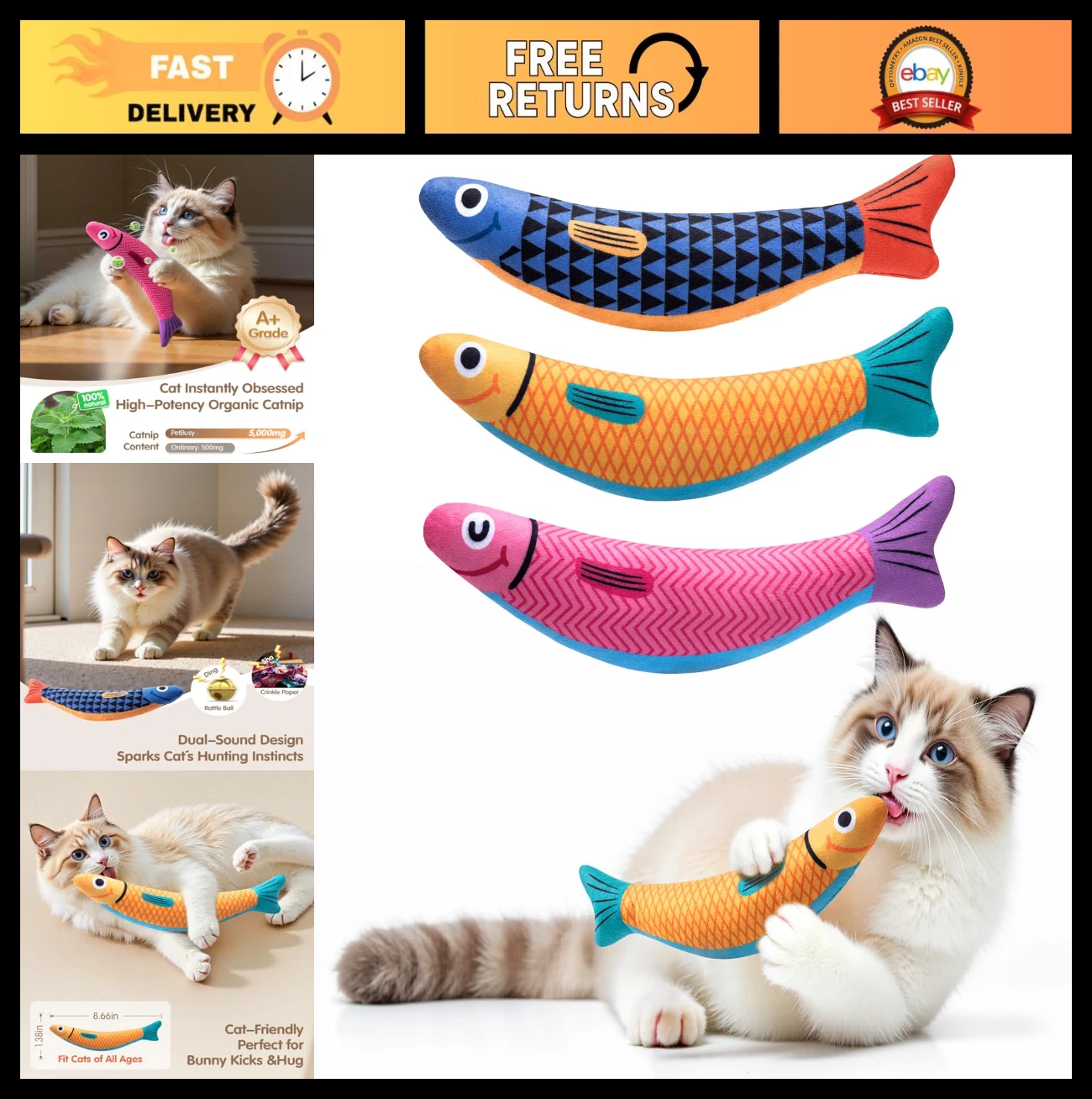 Interactive Cat Toys - 3 Pack Soft Chew Kickers with Catnip & Silvervine, Crinkl