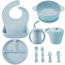 9PCS Baby Feeding Set - Suction Plate Sippy Cup Utensils - Blue