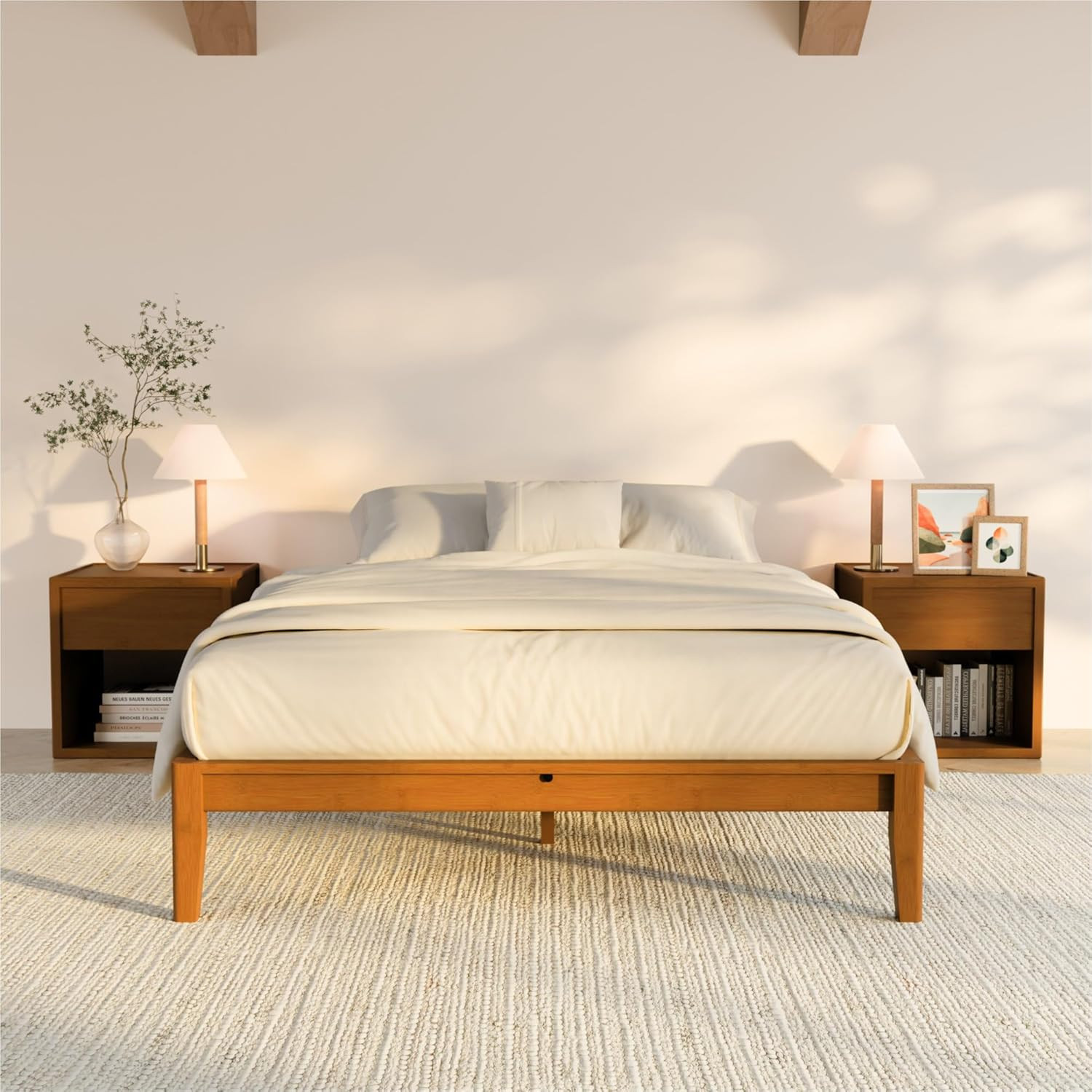 Mid-Century Bamboo Platform Bed Frame, Noise-Free & Tool-Fre