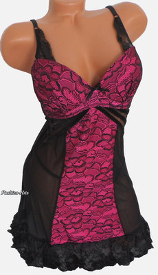 Neglige mit String Babydoll Push Up Transparent Dessous Pink Schwarz L/XL= 38-40
