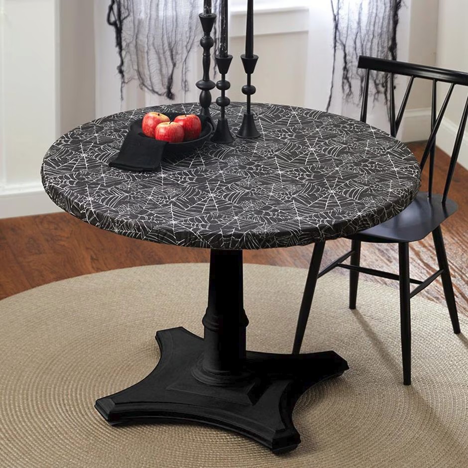 Halloween Black Spider Web Round Vinyl Fitted Elastic Flanne