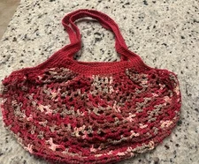 Handmade Red Tan Pink Green Fall Christmas Gift Crochet  Handbag  Market Bag