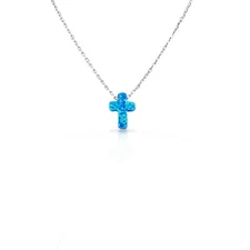 925 Sterling Silver Cross Blue Opal Pendant Necklace