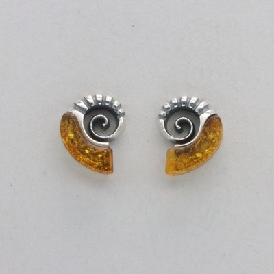 Cognac / Brown BALTIC AMBER Ammonite Post Earrings - 925 STERLING SILVER #5314e