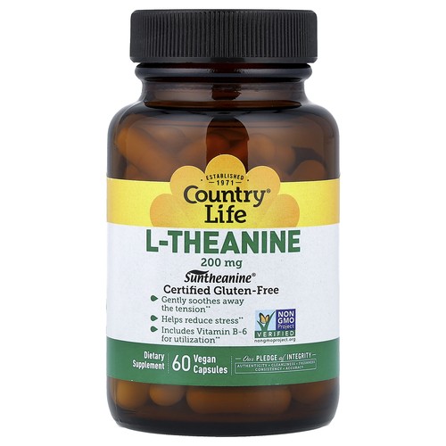 Country Life L-Theanine 200 mg 60 Vegan Caps Gluten-Free, GMP Quality Assured ,