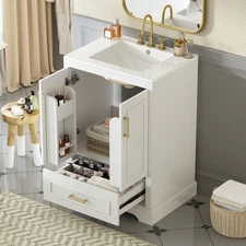 Bathroom Vanity W Sink Solid Wood Frame 1 Drawer 2 Cabinet Doors Double Shelving