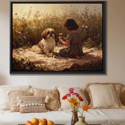 Shih Tzu Dog Artwork Floral Canvas Print Oil Painting Wall Decor Living Room Art