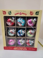 9 LARGE Shiny Brite Christmas Ornaments Stenciled Flocked Rounds  Radko Retro