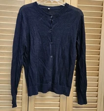MUJI Women's Navy 100% True Hemp Button Up Long Sleeve Cardigan Slub Knit M
