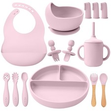 Silicone Baby Feeding Set 14 Pcs, Baby Led Weaning Set, 6M , Light Pink