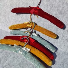 Lot Of 6 Vintage Padded Velvet Clothes Hangers 3 Colors Red, Ice Blue, and Gold