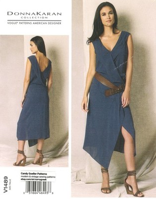 Vogue V1489 DONNA KARAN Sculptural Wrap Dress w Front & Back V Sz 4-10 UNCUT