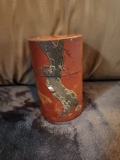 Vintage Japanese Tea Caddy Tree & Bird Tin Red Lacquer 