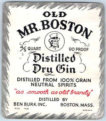 1920s-30s Old Mr. Boston Dry Gin Ben Burk Inc. Label WL3
