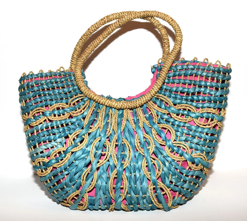 Braided Natural & Dyed Turquoise Genuine Straw Pink Cloth Lining Large Tote Bag - Image 3 of 4