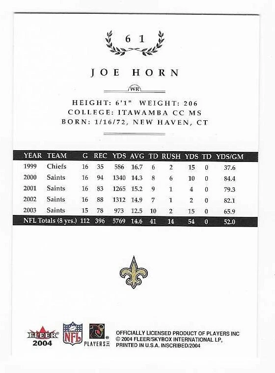 2004 Fleer Inscribed Joe Horn New Orleans Saints Football Card #61 - Image 2 of 2
