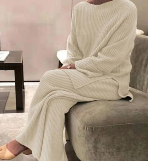 Mujeres Informal Tejido Chándal Cuello en O Suéter Traje Conjunto Tejido Pierna Ancha Pantalones Fiesta Foto 2 de 4