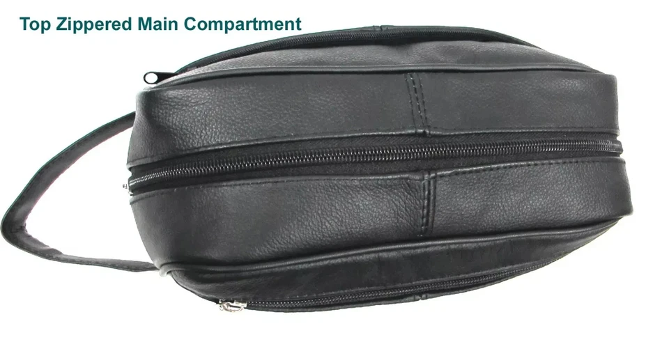 Bolsa de viaje y artículos de afeitado de cuero de vaca genuino de calidad para hombre 3 cremalleras negra Foto 3 de 4