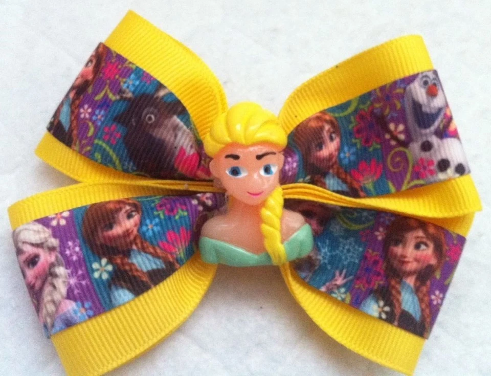 Moño de pelo para niñas de 4" de ancho Frozen Elsa & Anna cinta amarilla pasador francés Foto 4 de 4