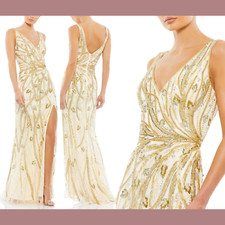 NWT $598 Mac Duggal [ 6 ] Beaded Sleeveless V Neck Gown in Nude Gold #G1452