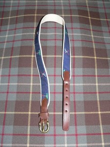 Lady Canterbury Blue Golf Ribbon on White Cotton Web w/Brown Leather Tabs. Sz28